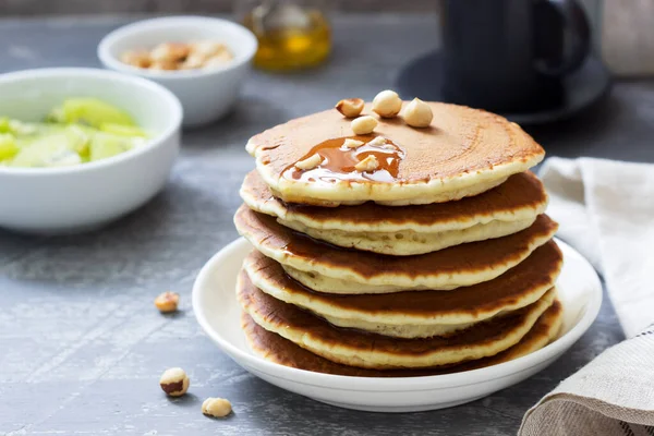Vegetarian Breakfast Pancakes Coffee Honey Nuts Fruits Selective Focus — Stock Photo, Image