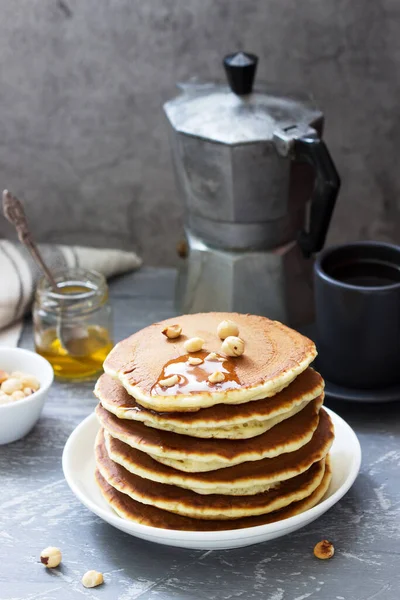 Vegetarian Breakfast Pancakes Coffee Honey Nuts Fruits Selective Focus — Stock Photo, Image