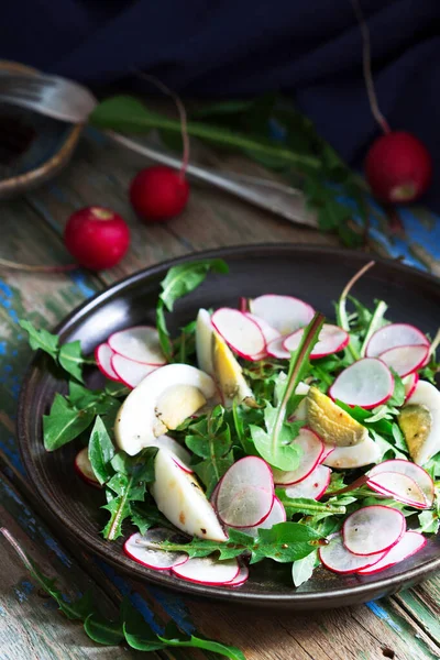 Salad Dandelion Egg Radish Wooden Background Rustic Style Selective Focus — Stock Photo, Image