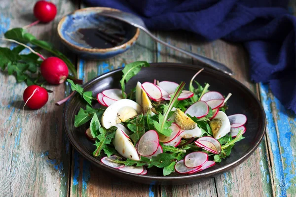 Salad Dandelion Egg Radish Wooden Background Rustic Style Selective Focus — Stock Photo, Image
