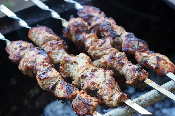 Meat Shashlik Skewers Roasting Coals Burning Outdoors Selective Focus — Stock Photo, Image