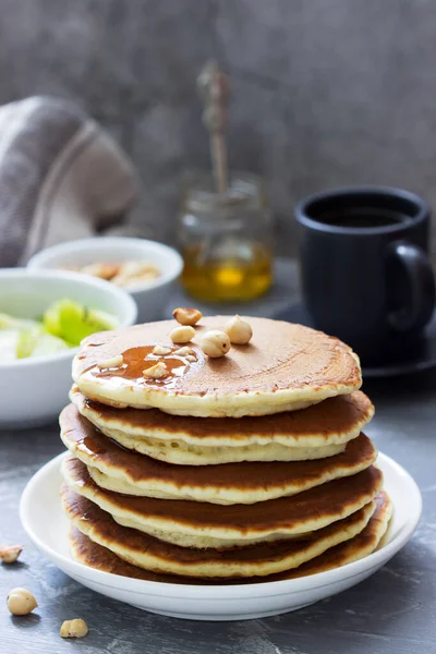 Vegetarian Breakfast Pancakes Coffee Honey Nuts Fruits Selective Focus — Stock Photo, Image