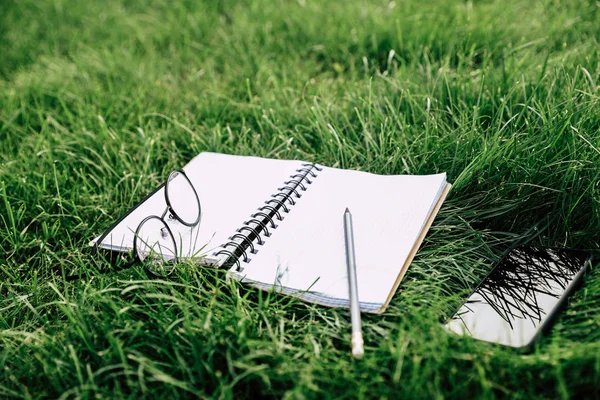 Notebook e dispositivo digitale su erba — Foto Stock