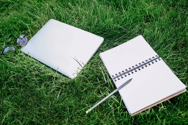 Notebook and digital device on grass — Stock Photo, Image