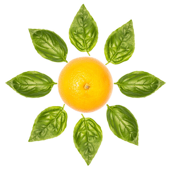 frower made of orange and basil leaves