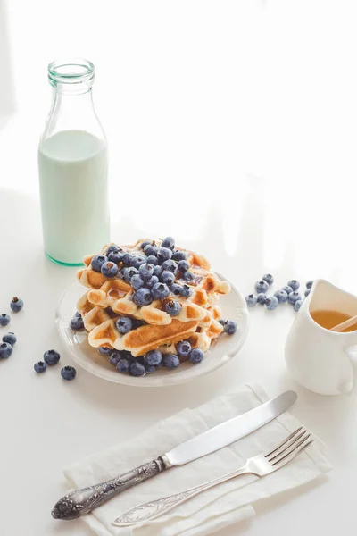 Waffles with blueberries and milk — Stock Photo, Image