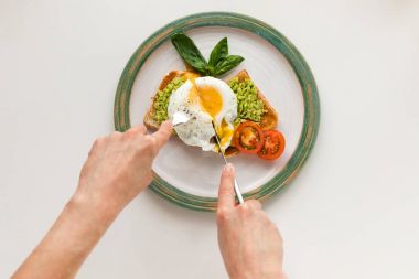 sahanda yumurta ve tost üzerinde püresi avokado