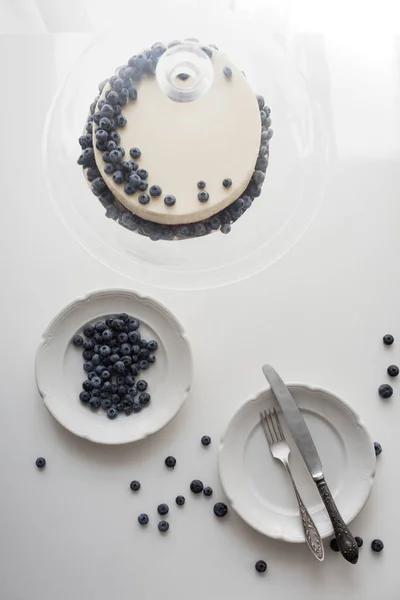 Cheesecake dengan blueberry di stand kaca — Foto Stok Gratis