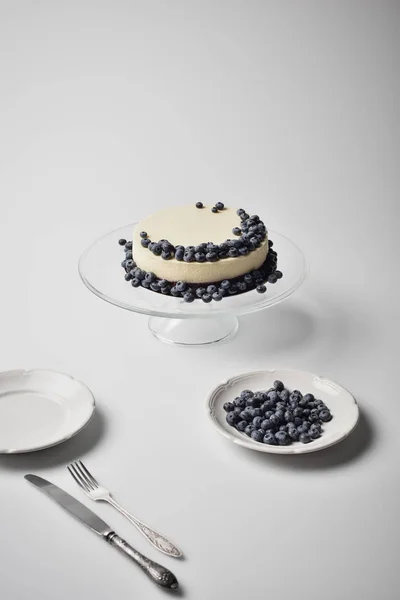 与玻璃台上的蓝莓芝士蛋糕 — 图库照片