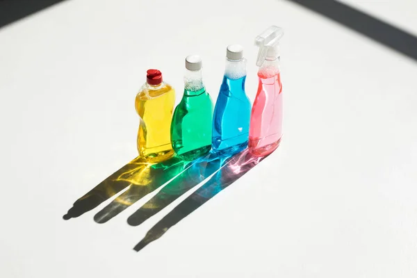 Plastic bottles of cleaning fluids — Stock Photo, Image