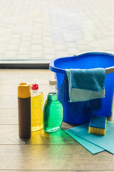 cleaning products and bucket