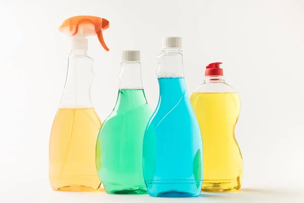 Plastic bottles with cleaning fluids — Stock Photo, Image