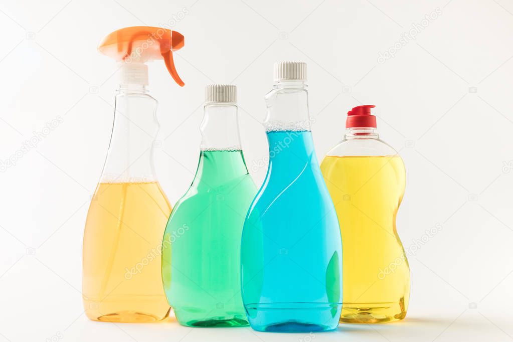 plastic bottles with cleaning fluids 