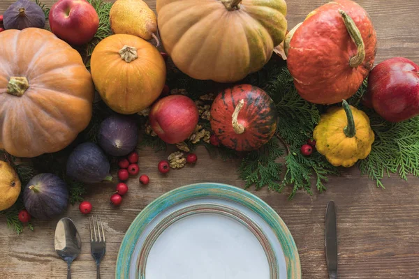 Pompoenen en vruchten op tafel — Stockfoto