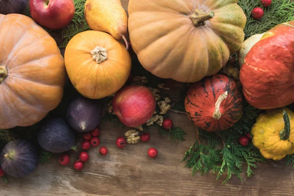 Zucche e frutta sul tavolo — Foto Stock