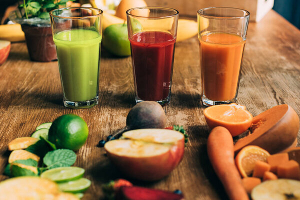 various smoothies in glasses