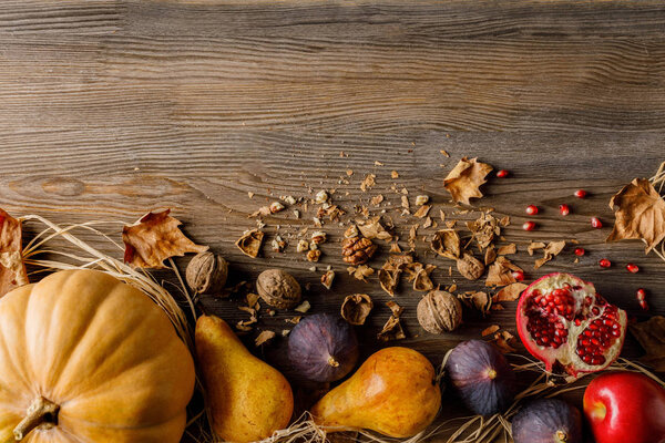 pumpkin, seasonal fruits and walnuts