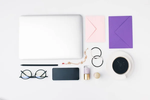 Female workplace supplies composition — Stock Photo, Image