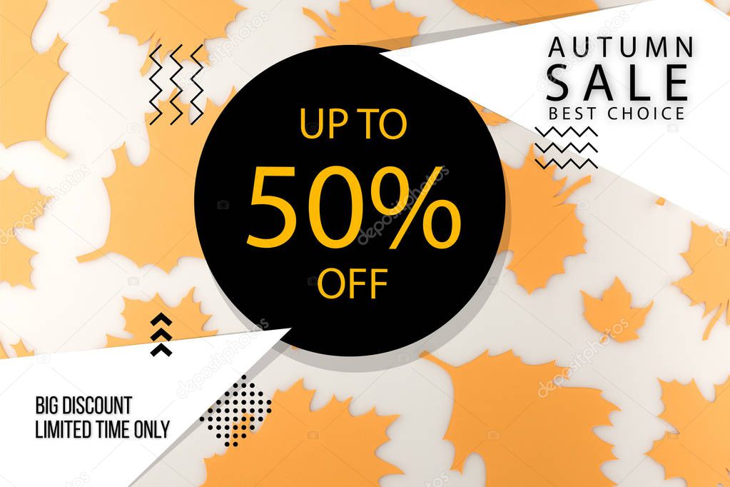 Composition of various autumn leaves and geometric figures, autumn sale concept
