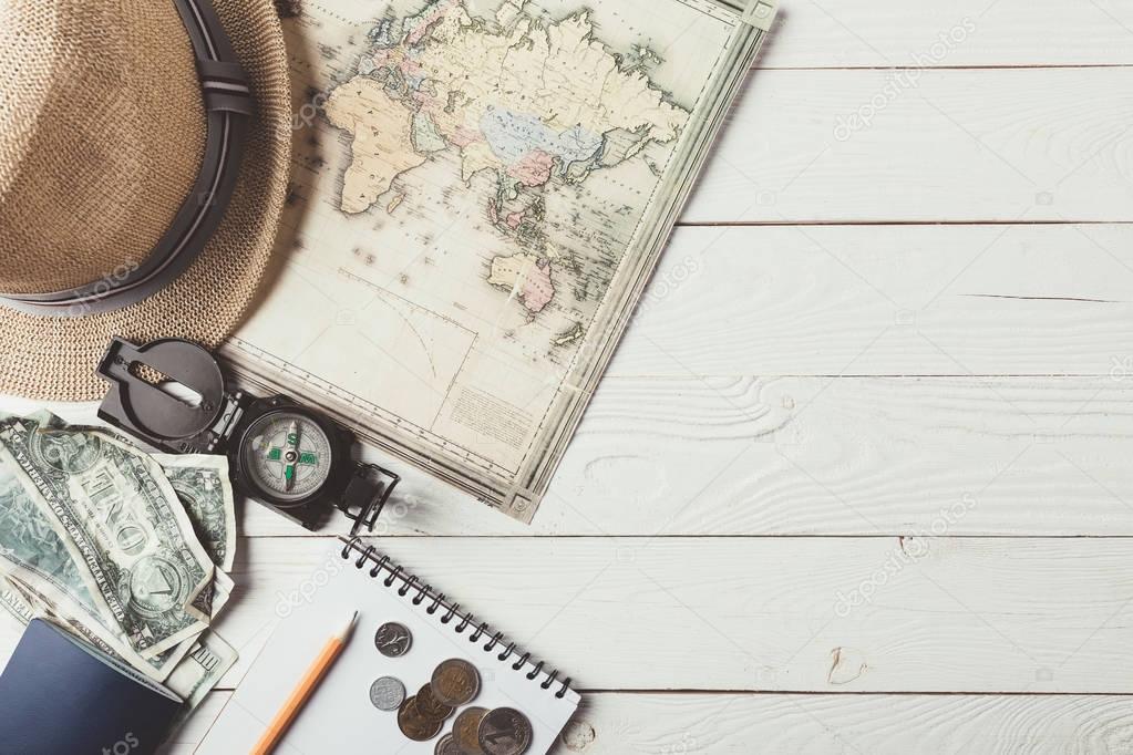 travel stuff on white wooden table