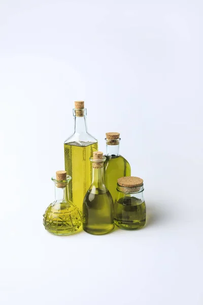 Glass bottles with olive oil — Stock Photo, Image