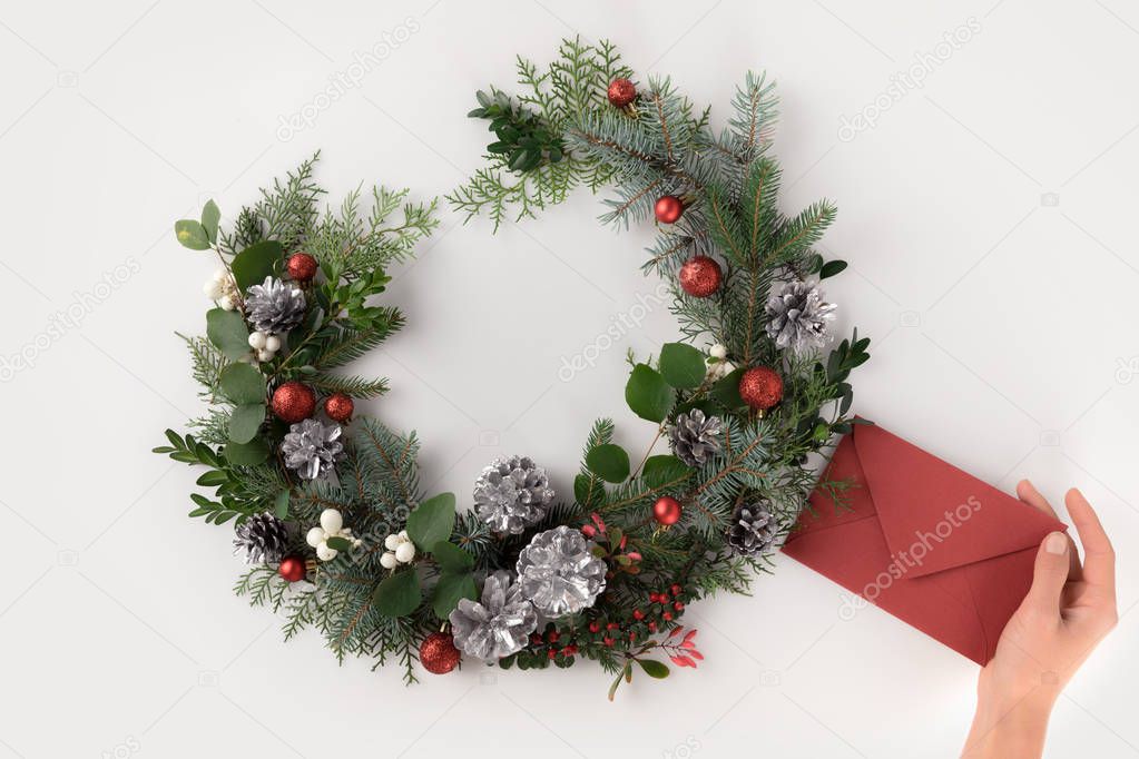 christmas wreath and envelope