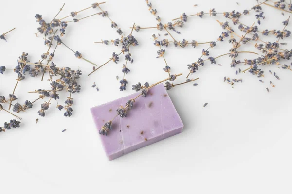 Handcrafted soap with lavander flowers — Stock Photo, Image