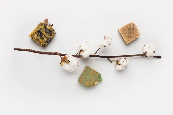 Handcrafted soap and cotton branch — Stock Photo, Image