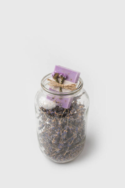 soap in jar with lavender flowers