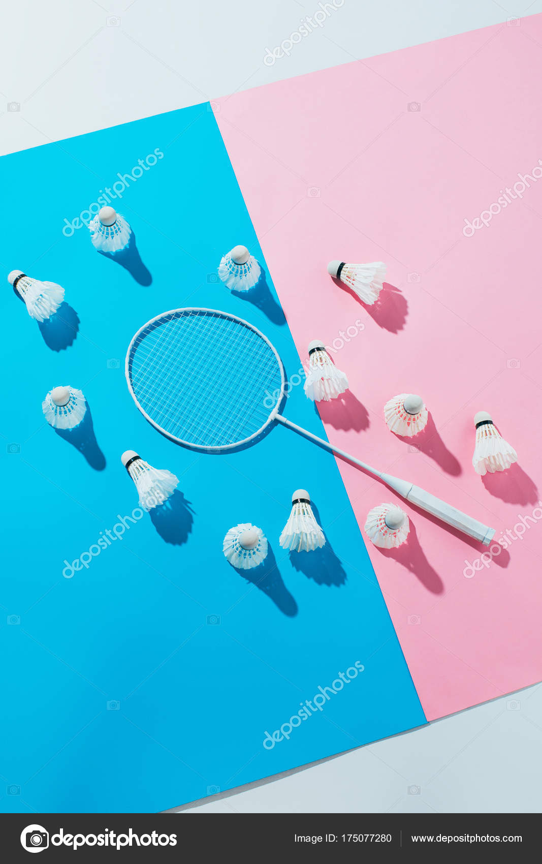 Top View Shuttlecocks Badminton Racket Blue Pink Papers Stock Photo by