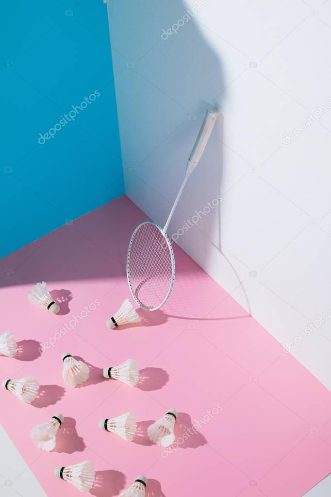 badminton racket and shuttlecocks on blue and pink papers