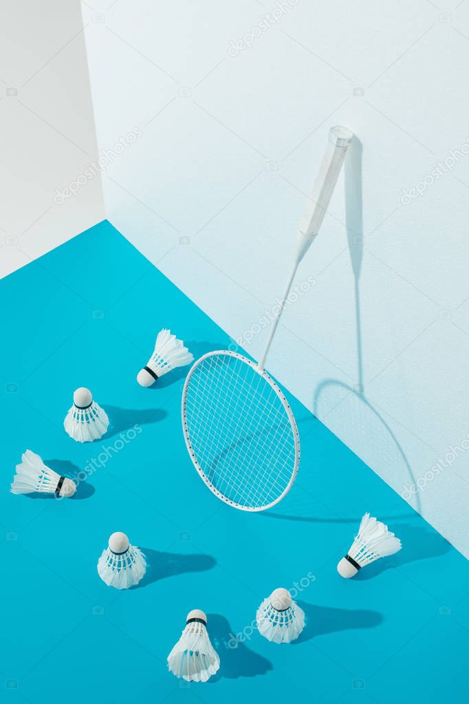 badminton racket and shuttlecocks on blue paper at white wall 