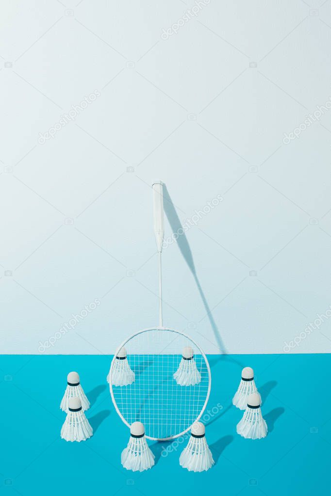 badminton racket and shuttlecocks on blue paper near white wall 