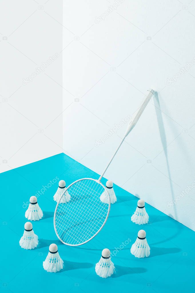 circle of shuttlecocks around badminton racket on blue paper 