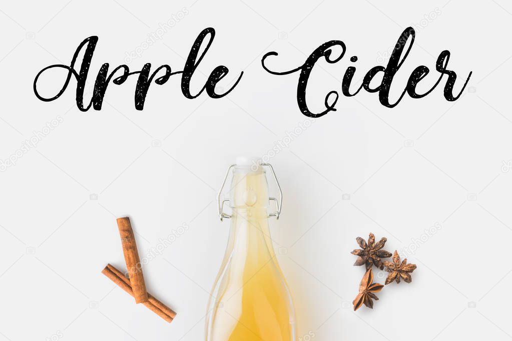 bottle of apple cider and spices with hand written lettering on white surface