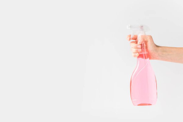 cropped view of hand holding pink spray bottle, isolated on white