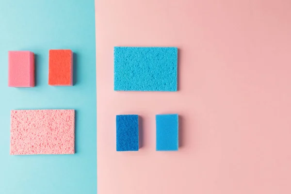Top View Colorful Washing Sponges Pink Blue — Stock Photo, Image