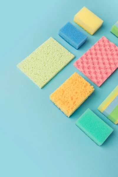 Top View Colorful Washing Sponges Isolated Blue — Stock Photo, Image