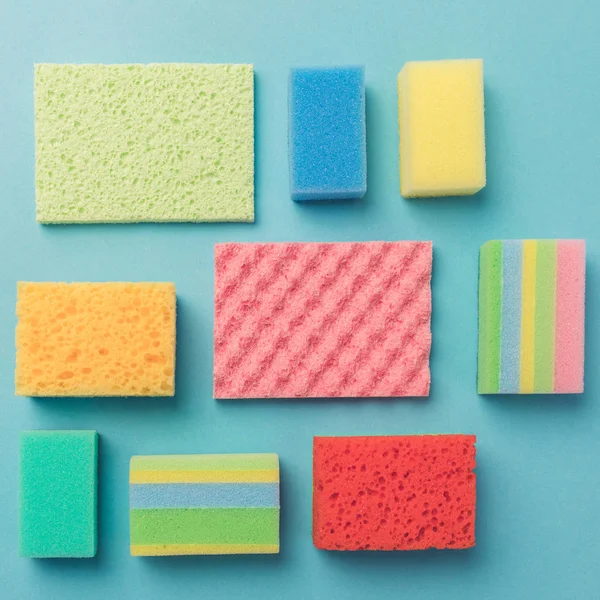 Top View Background Colorful Washing Sponges Blue — Stock Photo, Image