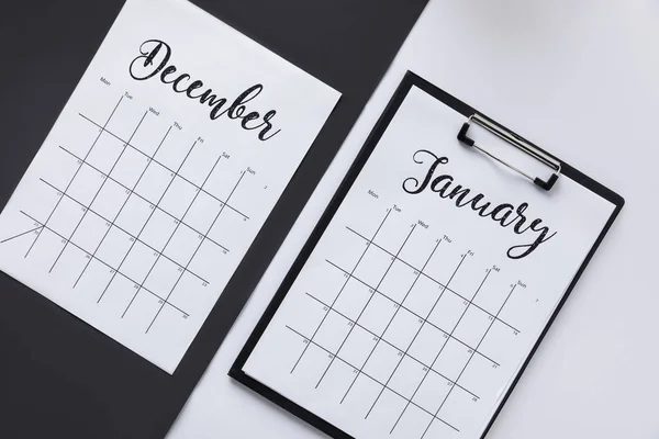Top View Notepad Calendar Black White Surfaces — Stock Photo, Image