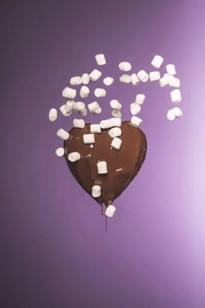 Chocolate Heart Shaped Candy Falling Marshmallow Isolated Purple — Stock Photo, Image