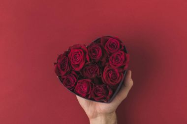 cropped shot of man holding roses in heart shaped box on red tabletop, st valentines day concept clipart