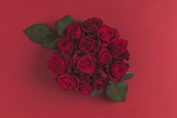 top view of bouquet of red roses isolated on red