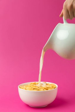 sürahi taze sağlıklı süt ile Mısır gevreği pink izole kase içine dökme kişinin kısmi görünümü 