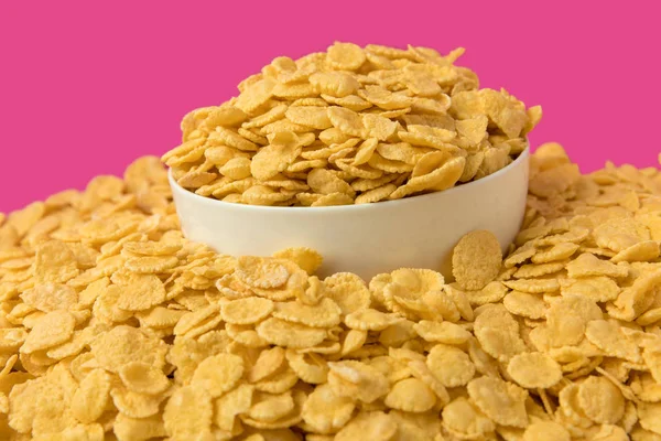 Close View White Bowl Tasty Crispy Corn Flakes Pink — Stock Photo, Image