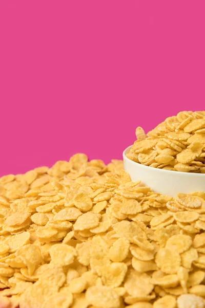 Close View Fresh Crunchy Corn Flakes White Bowl Isolated Pink — Stock Photo, Image
