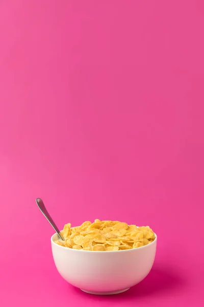 Healthy Breakfast Tasty Corn Flakes Milk Bowl Spoon Isolated Pink — Stock Photo, Image