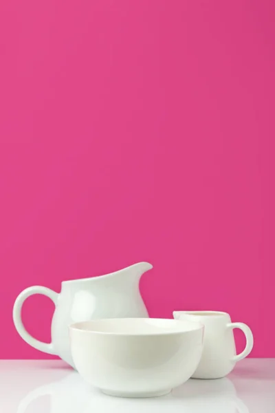 Close View Empty White Bowl Big Jug Milk Jug Pink — Stock Photo, Image