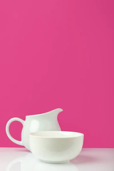 Close View Empty White Bowl Jug Pink — Stock Photo, Image