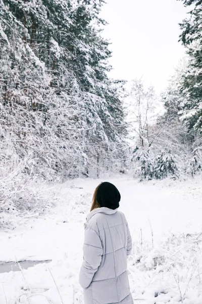 Visão Traseira Mulher Andando Floresta Nevada — Fotografia de Stock